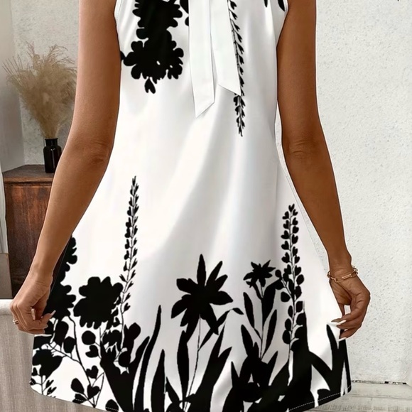 Halter Black and White Floral A-Line Dress - - Picture 2 of 6